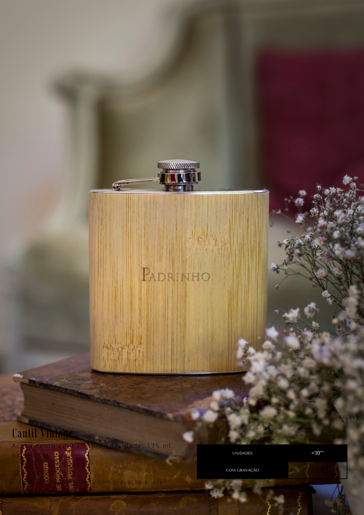 Cantil vintage com acabamento em bambu. Personalizado com gravação a laser
